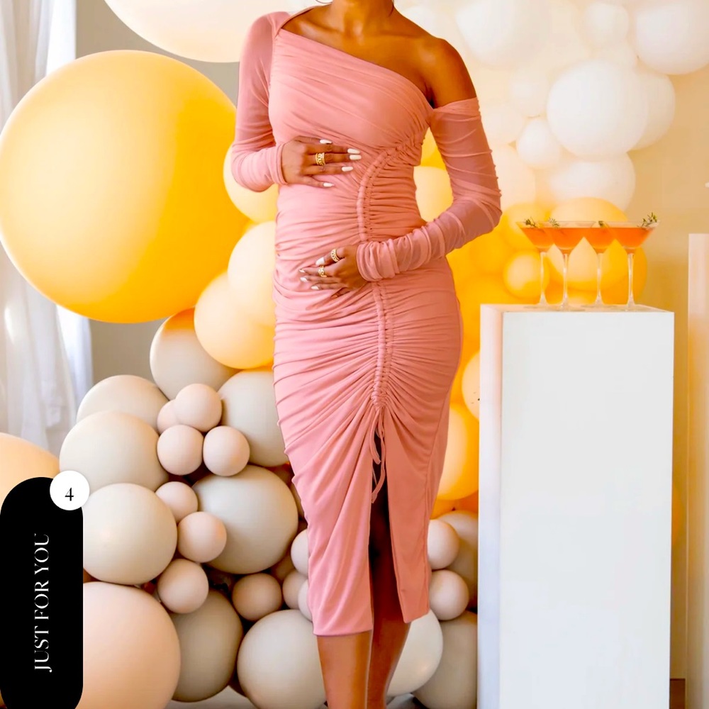 Club L London Dusty Pink Asymmetrical Ruched Midi Dress